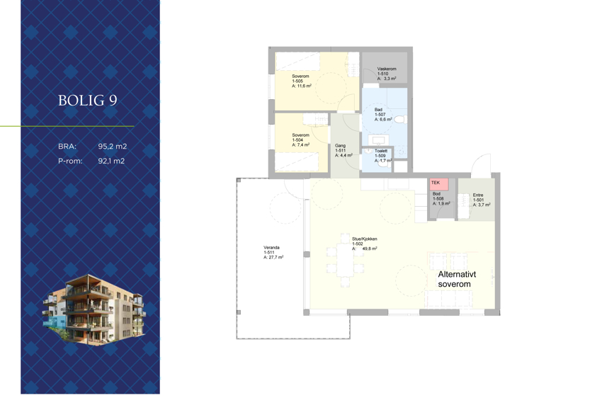 Plantegning leilighet nr 9. 2 soverom, bad med vaskeromnisje, gjestetoalett, bod, gang, kjøkken og stue