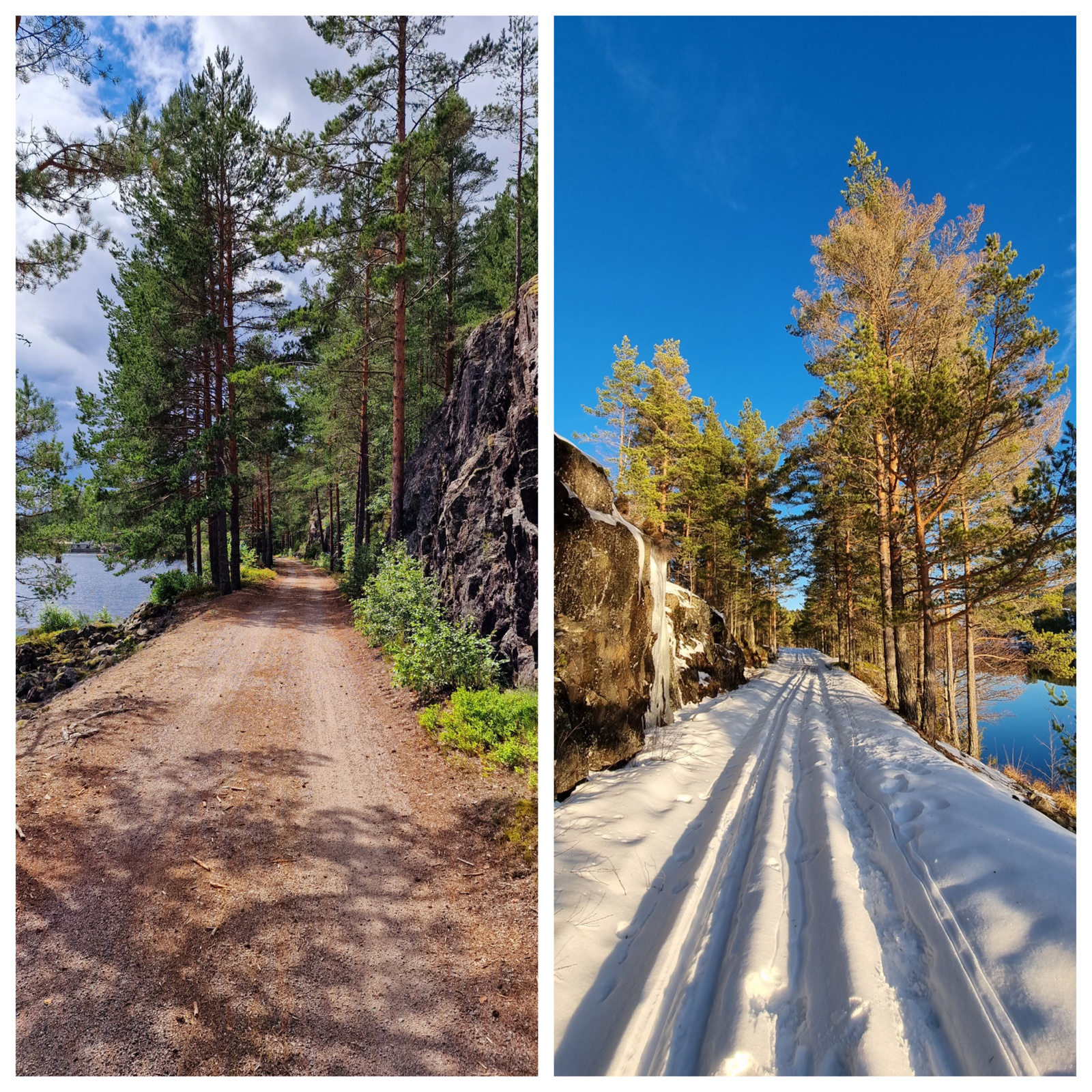 Den gamle togtraseen mellom Treungen og Åmli - sommer og vinter