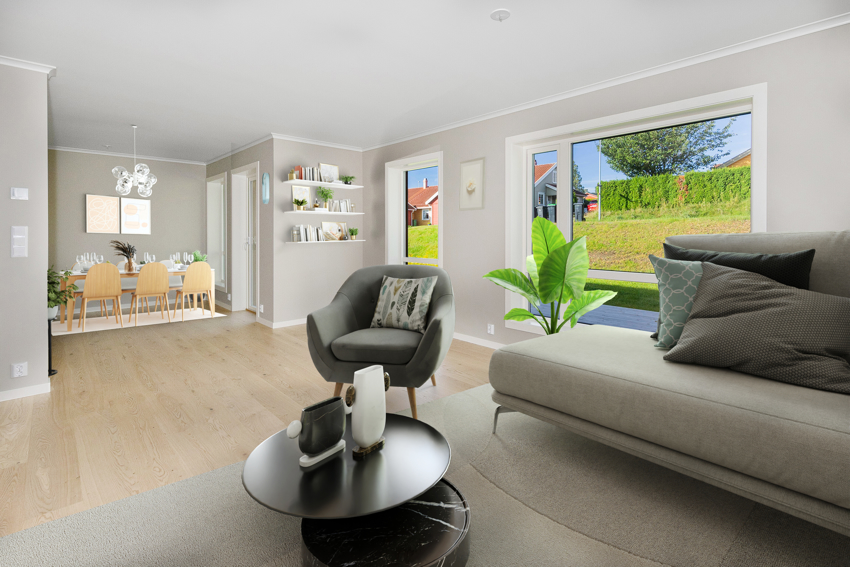 Moderne, lys og innbydende stue som går over i en spisestue. Fargene i rommet er nøytrale, med beige vegger, og lyse tregulv som gir et varmt preg. (bilde er digitalt stylet).