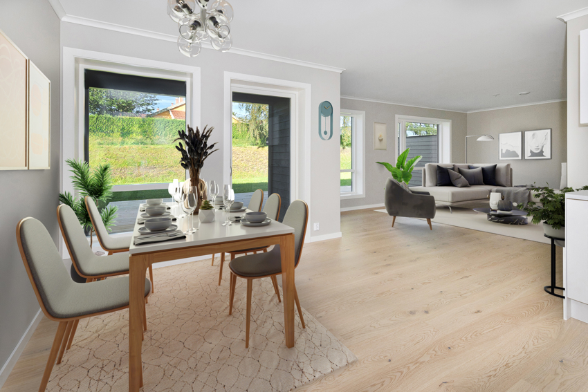 God plass til en skikkelig spisestue. Ønsker man plass til flere snur man bare bordet ut mot stuen.