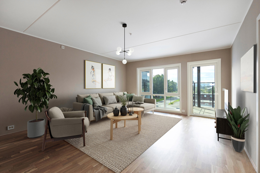 Stue med store vinduer ut mot vest. (bildet er digitalt stylet)