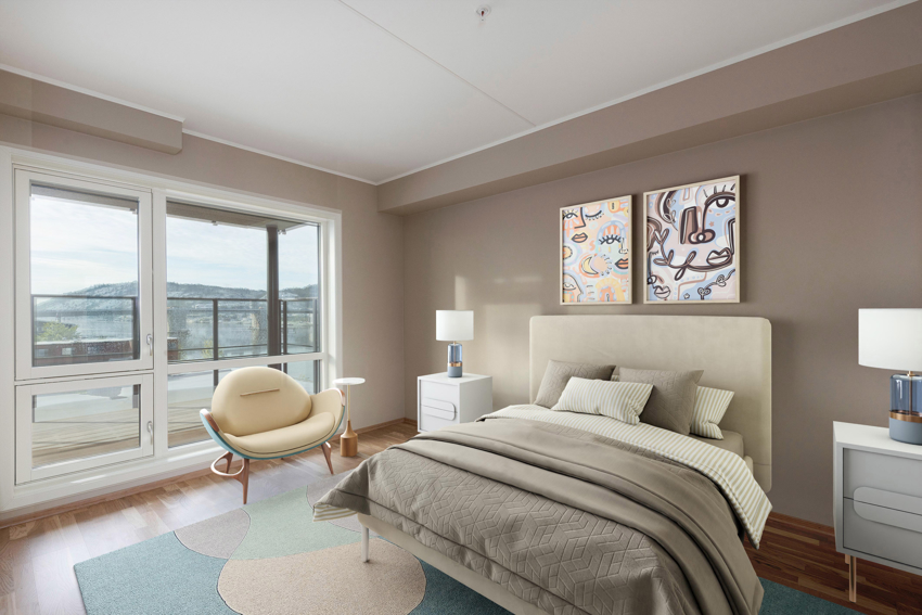 Hovedsoverom med vindu ut mot elven. (bildet er digitalt stylet).