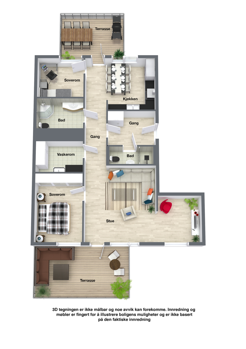 Plantegning. Legg merke til mulighet for å lage et 3. soverom dersom ønskelig.