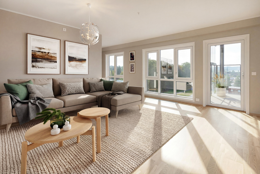 Stue med store vinduer ut mot vest. (bildet er digitalt stylet)