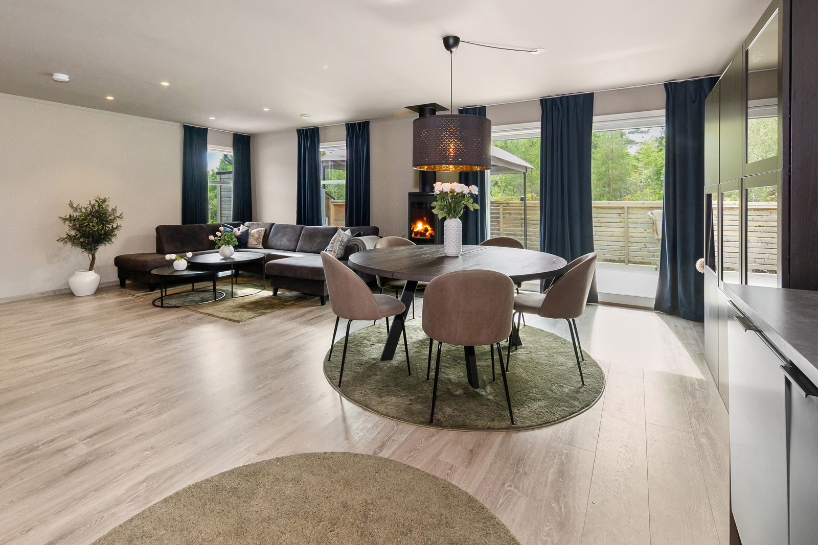 Romslig stue med moderne, store vindusflater
