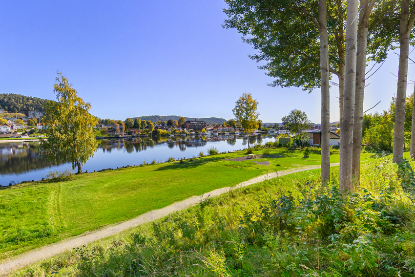 Nydelig nærmiljø i umiddelbar nærhet. Gangveg langs store deler av vannet ned mot broen.
