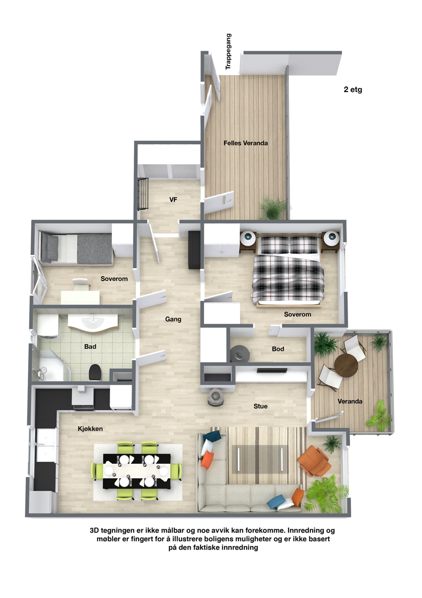 Leiligheten har 2 gode soverom, samt eget vindfang. Legg merke til garderober både i vindfang og gang, samt bod ved soverom. Det er i tillegg en egen romslig bod i sameiets kjeller. 