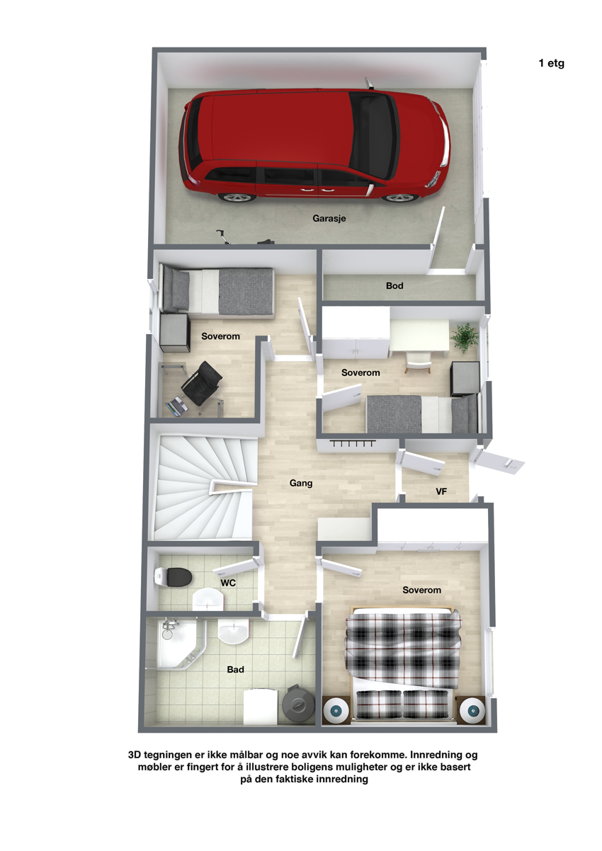 Plantegning for 1.etasje. Megler gjør oppmerksom på at det ene soverommet i underetasjen ikke er bruksendret eller godkjent for varig opphold