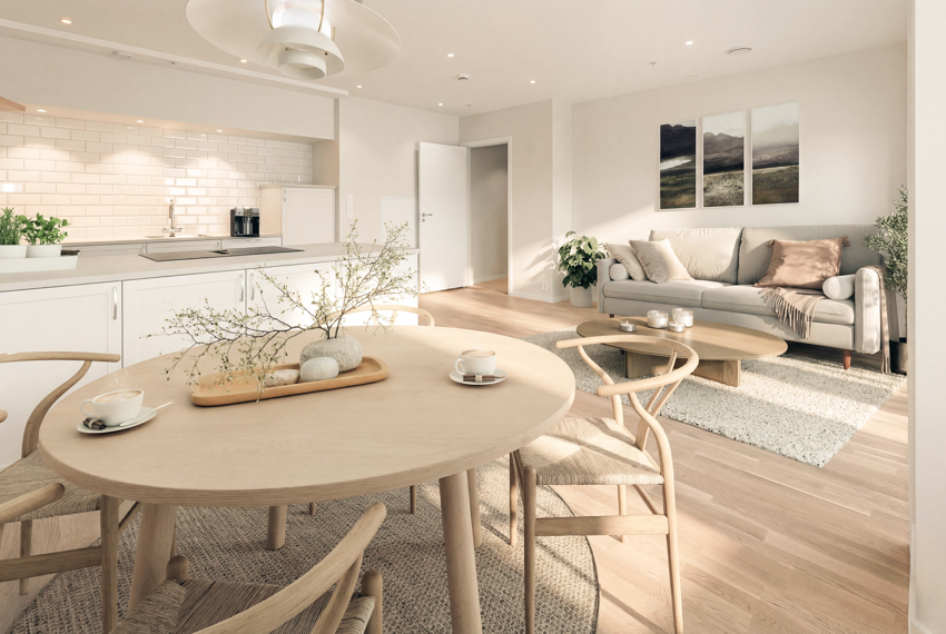 Det åpne kjøkkenet er elegant integrert med stuen og har hvite, glatte fronter, moderne armatur og en lys benkeplate. (bildet er digitalt stylet).