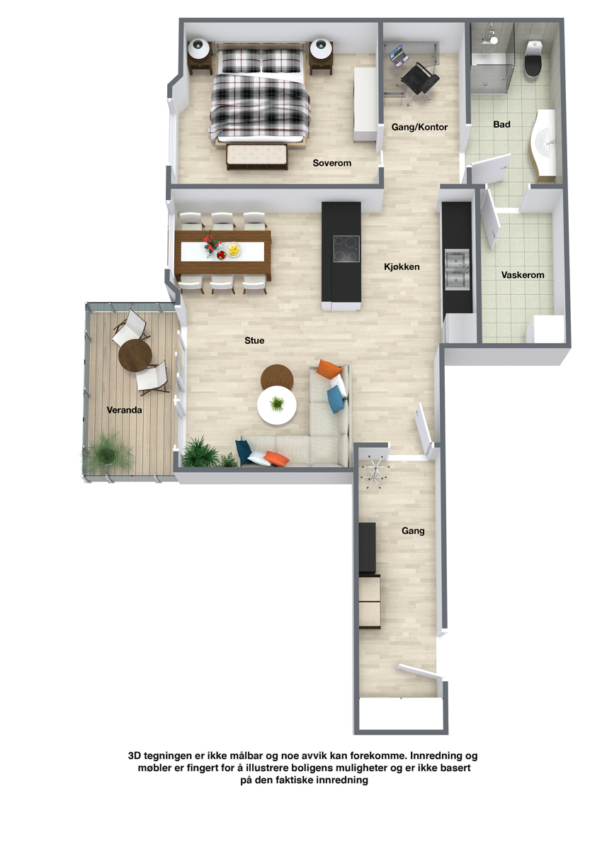 Plantegning leilighet nr 1. Romslig og funksjonell gang, eget vaskerom og kontorplass ved soverom.