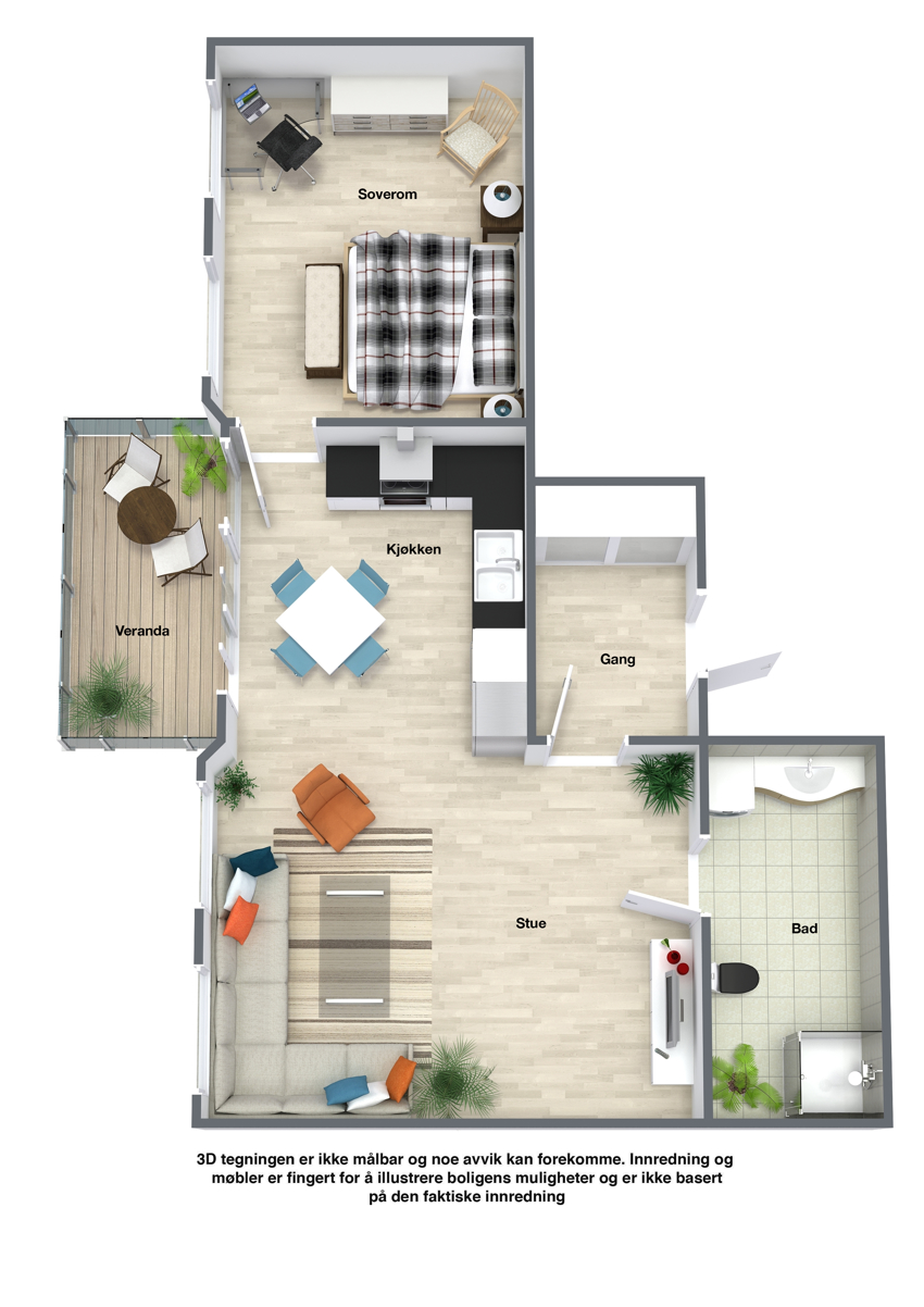 Plantegning leilighet nr 2 er en godt gjennomtenkt 2-roms med åpen løsning og egen terrasse.