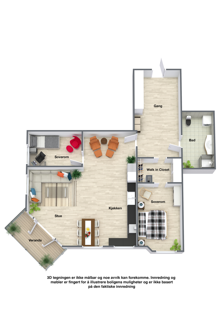 Leilighet nr 3. Dette er en meget romslig 3-roms leilighet med godt gjennomtenkt planløsning og egen terrasse. Legg merke til den romslige plassen i gangen hvor det er mulig med kontorplass.