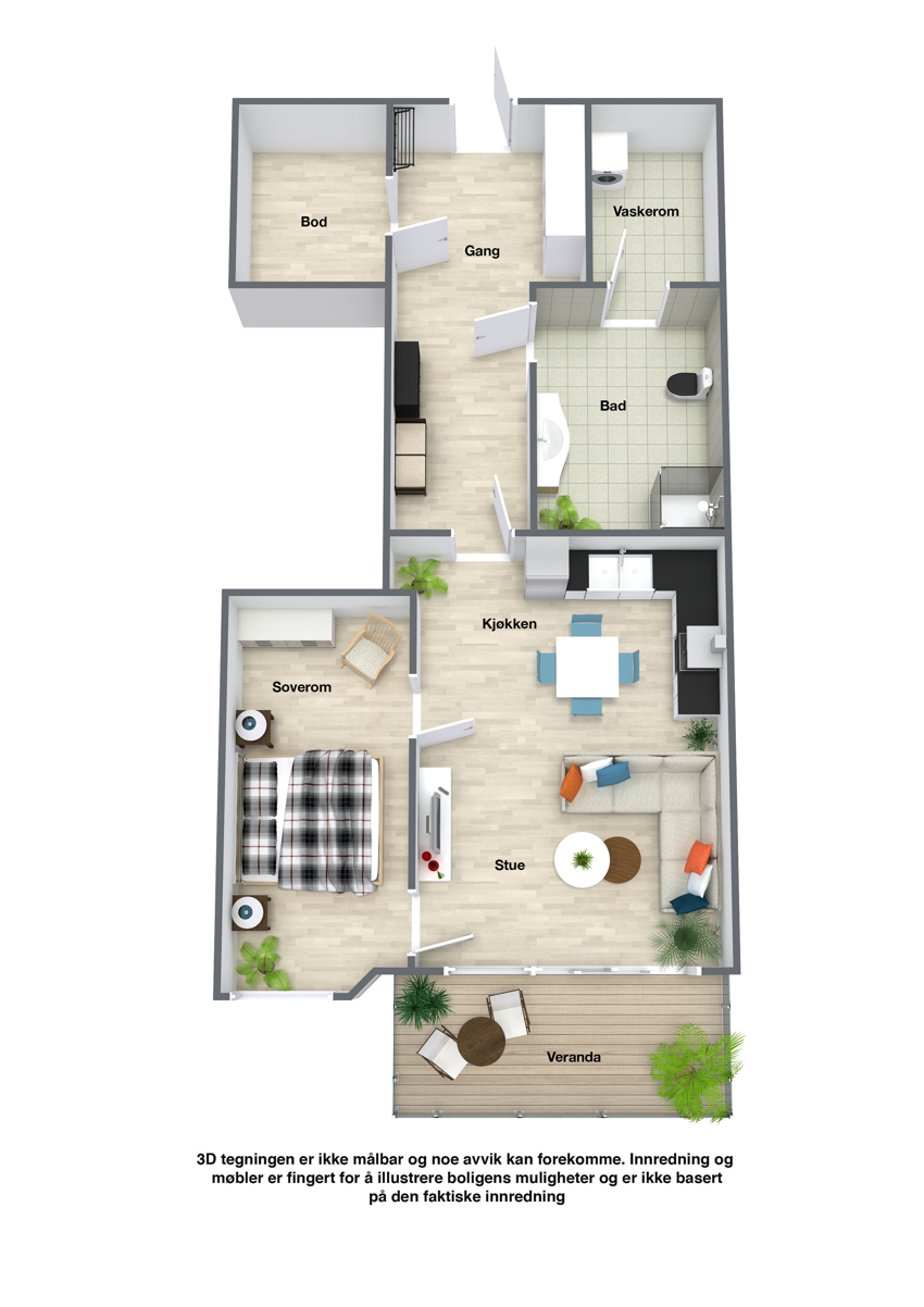 Leilighet nr 4. 2-roms leilighet med smart soveromsløsning. Godt med bodplass.