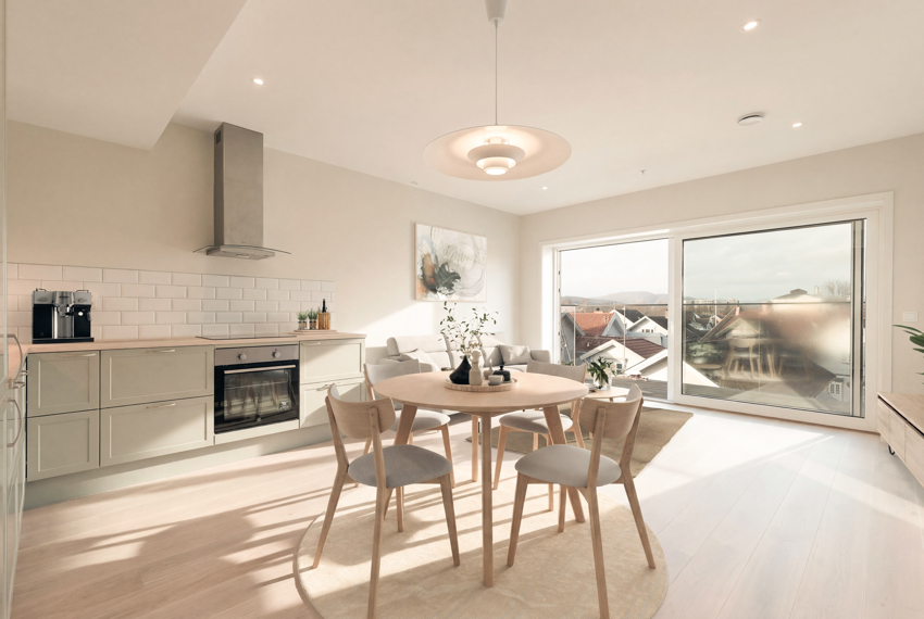 Fra stuen er det skyvedør ut mot nordvestvendt terrasse. (bildet er digitalt stylet).