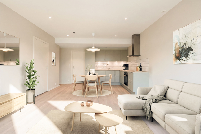 Delikat og moderne kjøkken i åpen løsning mot stuen. (bildet er digitalt stylet).