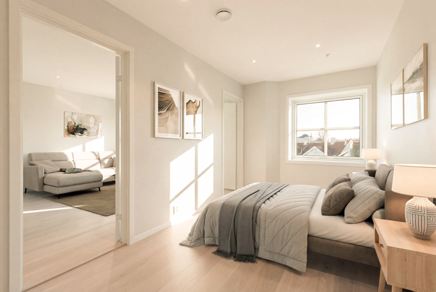 Soverommet har en smart løsning med 2 dører inn slik at man får optimalisert plassen. (bildet er digitalt stylet).