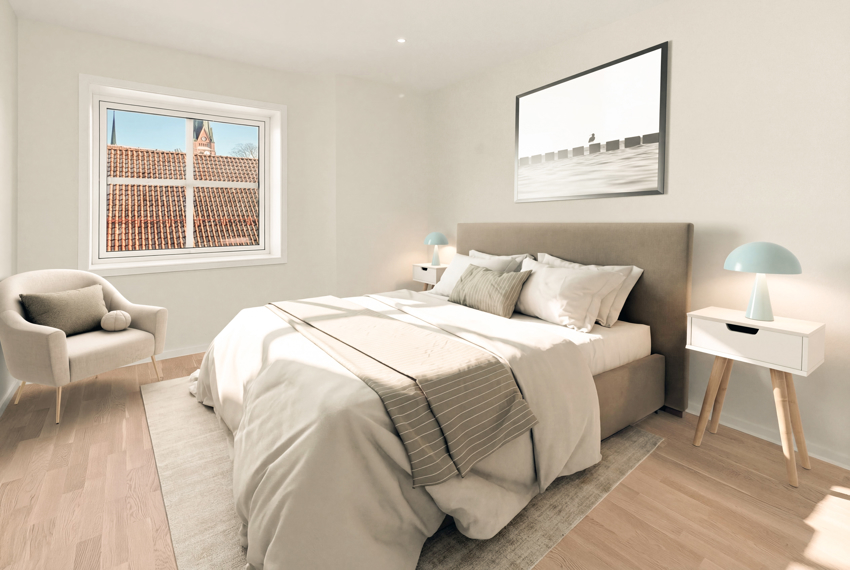 Leilighet nr 1. Romslig soverom med downlights i tak. (bildet er digitalt stylet).