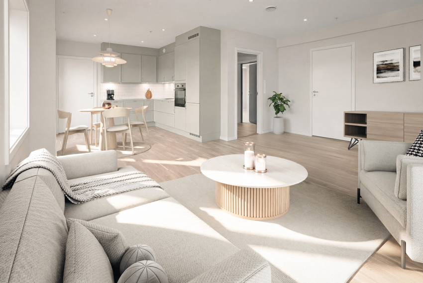 Leilighet nr 2 har en åpen stue og kjøkkenløsning hvor planløsningen skaper en god flyt. (bildet er digitalt stylet).