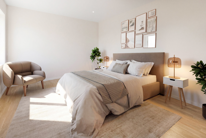 Meget romslig soverom i leilighet nr 2. Moderne og innbydende farger som gir et tidløst preg. God plass til garderobeløsninger. (bildet er digitalt stylet).