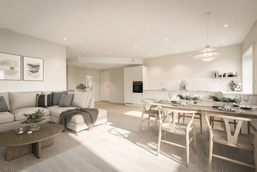 Åpen stue og kjøkkenløsning. Alt av hvitevarer medfølger. (bildet er digitalt stylet).