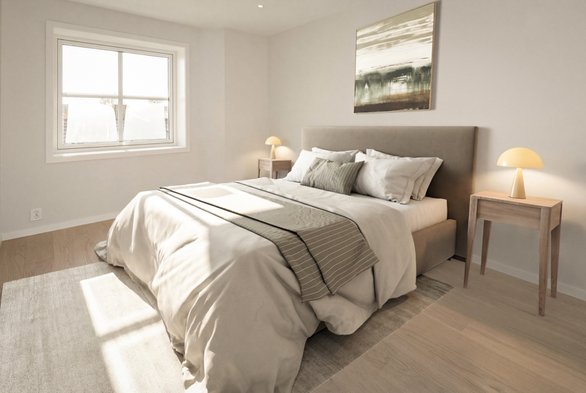 Det er 2 gode soverom i leiligheten. Hovedsoverommet har et tilhørende garderoberom. (bildet er digitalt stylet).