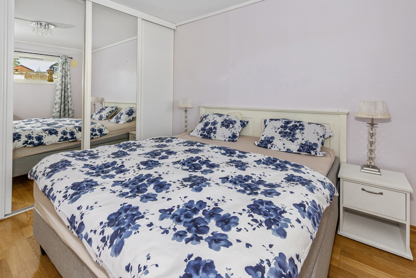 Det er skyvedørsgarderobe på hovedsoverom.